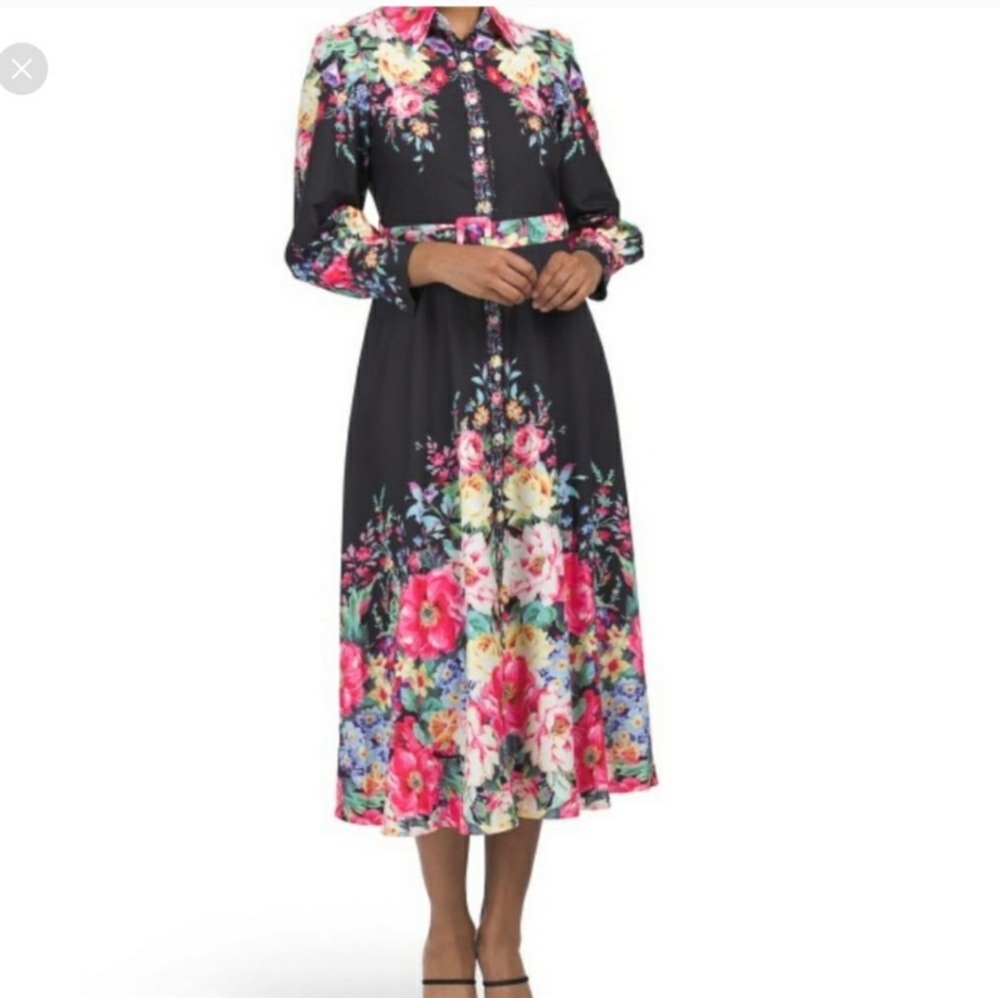 Nwt Dalia MacPhee Dress Large Black Pink Floral Button-Front  Long Sleeve Mi… - Picture 8 of 13